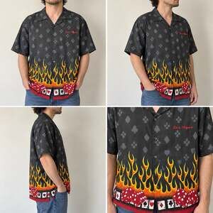 XNT Las Vegas Camp Shirt Men’s XL Black Flames Dice Cards Bowling Casino